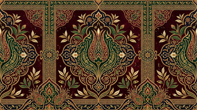 Elaborate Islamic floral art with ornate borders and deep burgundy background.