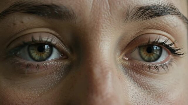 A close-up shot of a person's expressive green eyes looking directly forward.
