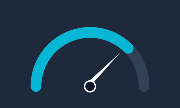 Minimalist vector graphic illustration of a blue speed gauge measuring performance levels set against a dark flat solid background color