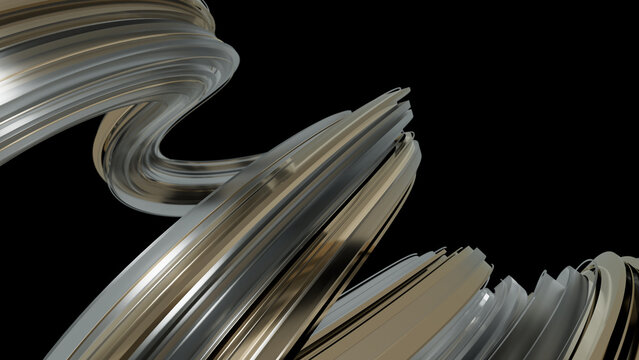 Abstract metallic gold and glass ribbons form a dynamic wave structure with smooth bends and layered depth. Can be used as a texture or background for design projects, scenes, etc. 