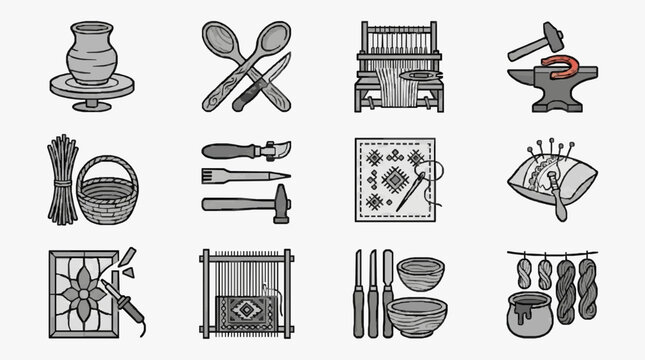 Creative Black and White Line Drawing Set of Traditional Handicraft Tools and Materials with high quality professional line art symbols for modern creative design and digital branding projects