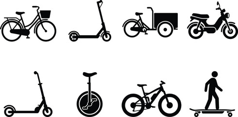 Personal transport vector silhouettes set including bicycle kick scooter cargo bike unicycle mountain bike skateboard © Mst