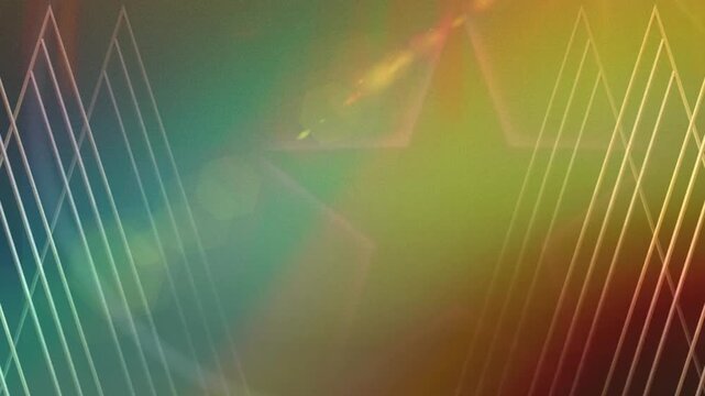 Abstract geometric background featuring glowing triangular lines and soft multicolored light flares for digital design with displays repeating pattern overlaying vibrant blurred