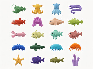 Naklejka premium Large collection of cute colorful 3D toy sea creatures and fish icons isolated on white background