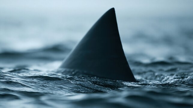 Close up of a dark shark fin cutting through choppy ocean water, creating ripples and splashing waves