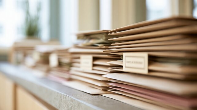 Organized files and documents stacked neatly on a desk for efficient office administration and record keeping