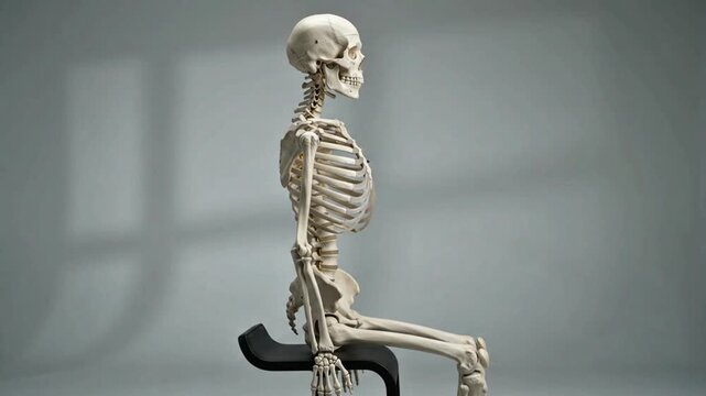 A detailed side view of a full human skeleton model sitting upright on a black stool against a plain grey background.
