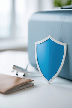 Travel Insurance Concept: Shield Symbolizing Protection For Luggage, Passport, and Airplane Model
