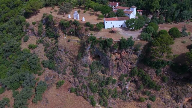 Pe&ntilde;a Arias Montano, Al&aacute;jar caves and Sanctuary of the Queen of Angels in Al&aacute;jar in the Sierra de Aracena and Picos de Aroche Natural Park in Sierra Morena. Province of Huelva. Andalusia. Spain.