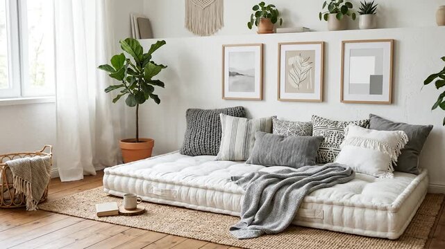 Cozy bohemian living room with floor futon mattress, decorative cushions, and house plants