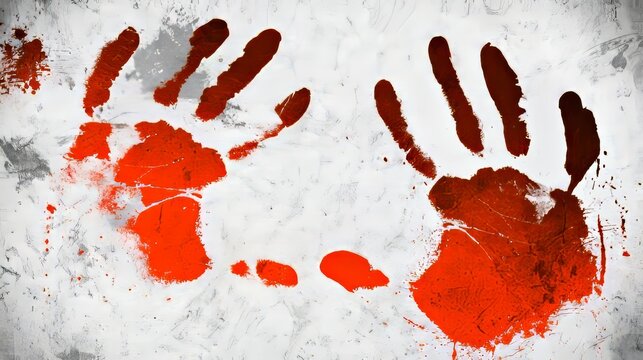 Red handprints stencil on textured white surface creating a dark horror background concept, symbolic marks of fear, mystery and Halloween atmosphere with dramatic contrast and creative design