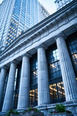 Obraz premium Majestic classical architecture with imposing columns and modern skyscraper in a city financial district
