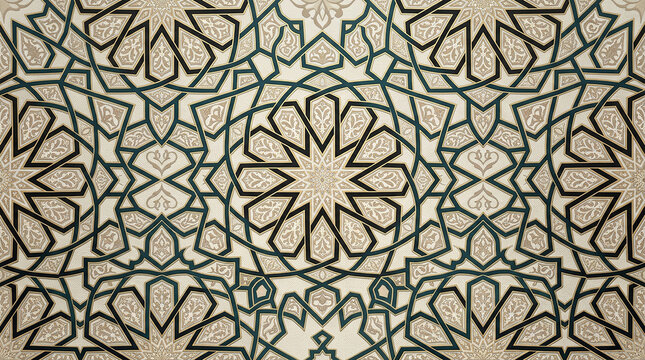 Islamic geometric pattern on light background, traditional arabesque mosaic with teal and beige elements.