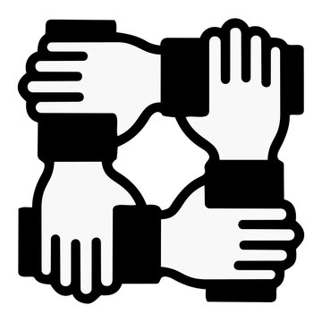 Four hands holding each other in a circle showing teamwork and corporate unity with strong contrast