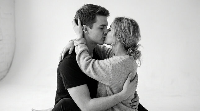Pareja enamorada compartiendo un beso &iacute;ntimo y rom&aacute;ntico en un ambiente minimalista con luz natural, transmitiendo amor, ternura, conexi&oacute;n emocional y complicidad.
