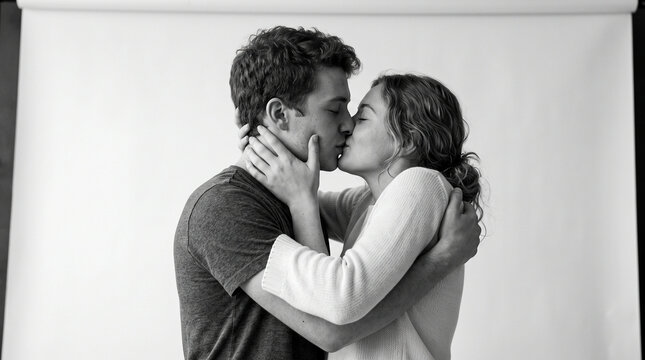 Pareja enamorada compartiendo un beso &iacute;ntimo y rom&aacute;ntico en un ambiente minimalista con luz natural, transmitiendo amor, ternura, conexi&oacute;n emocional y complicidad.