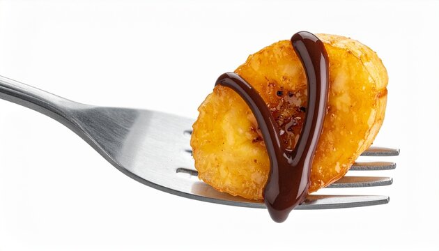 Delicious caramelized banana slice with chocolate sauce on a silver fork isolated on white background