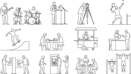 Obraz premium Architectural Scale People Activities Line Art Vector Cutouts for CAD Elevation Layouts