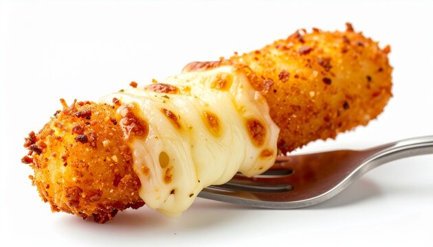 Crispy mozzarella stick with melted cheese on a fork isolated on white background