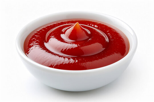 Close Up Macro of Rich Red Tomato Ketchup Sauce Swirl in White Ceramic Bowl