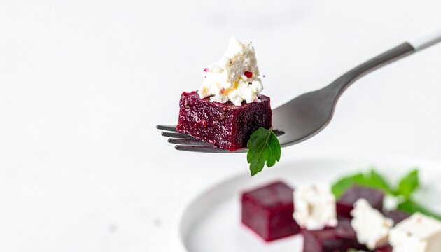 A fork holding a roasted beetroot cube with goat cheese on a white background with copy space