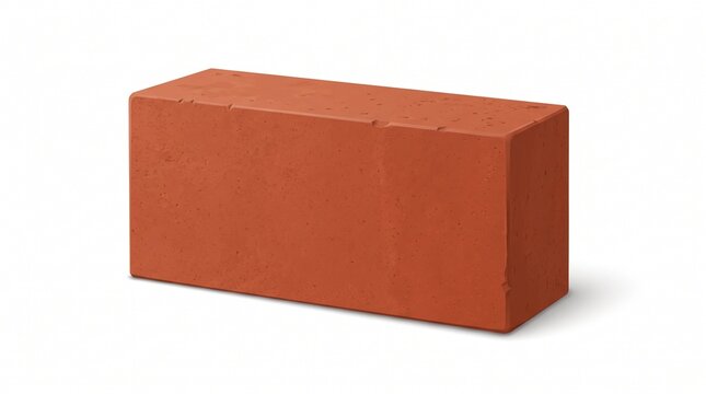 "RED CLAY BRICK / BATA MERAH". 
Photorealistic 3D render of a single rectangular brick on a white background. Warm terracotta-red color with a slightly rough, porous texture and small chipped edges. C