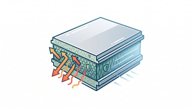 "MULTI-LAYER THERMAL INSULATION PANEL". 
Clean isometric illustration of a cross-section building panel showing multiple layers. Includes a reflective outer surface, foam/honeycomb core, and fibrous i