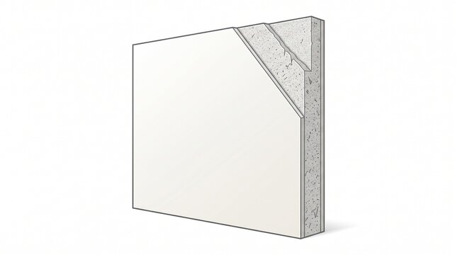 "DRYWALL / GYPSUM BOARD PANEL". 
Technical illustration of a square wallboard with a cutaway corner showing its cross-section. Smooth white paper face on the front, with a thick light-gray gypsum core