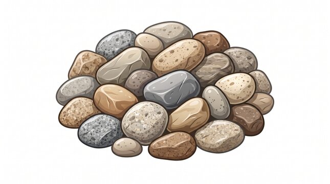 "PILE OF SMOOTH RIVER STONES". 
Cartoon-style vector illustration of a heap of rounded pebbles. The stones come in varied sizes and earthy tones: beige, tan, brown, gray, and speckled granite. Each ro