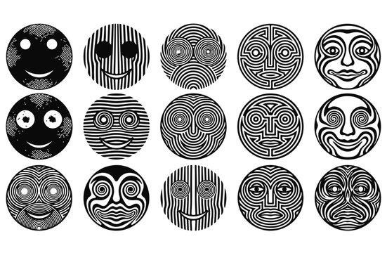 Psychedelic trippy smiley face icons, set of 15 optical illusion emoji vectors, black and white hypnotic line art characters for streetwear design
