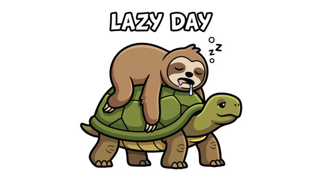 Sloth Sleeping on a Turtle Illustration for Lazy Day Concepts