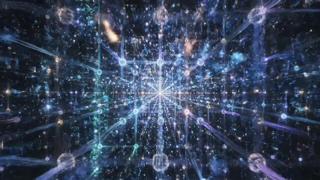 Abstract Digital Galaxy: A mesmerizing cosmic nebula with intricate geometric patterns, glowing lights, and a central vortex creates a sense of infinite depth and cosmic wonder.