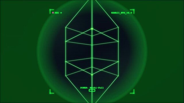 Futuristic HUD interface displaying a rotating wireframe 3D geometric cube