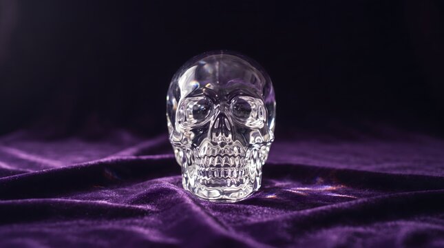 Carved Clear Crystal Glass Skull on Dark Violet Velvet Surface

