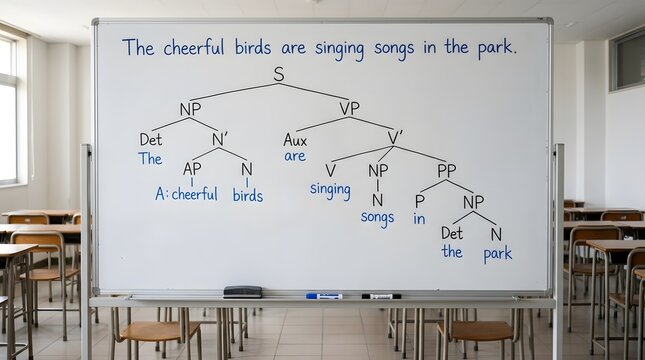 English sentence structure diagram on whiteboard. Linguistics syntax tree in classroom.