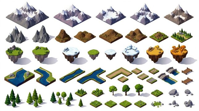 Low poly mountain terrain illustration set with floating islands rivers trees rocks outdoor decor