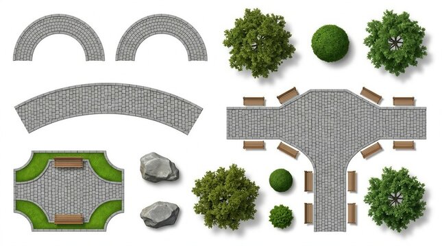 Stone pathway bench garden illustration set with trees rocks shrubs modular outdoor decor