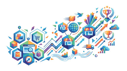 Naklejka premium Digital E commerce Expansion Growth Strategy With Data Analytics And Global Connectivity For Online Business Success