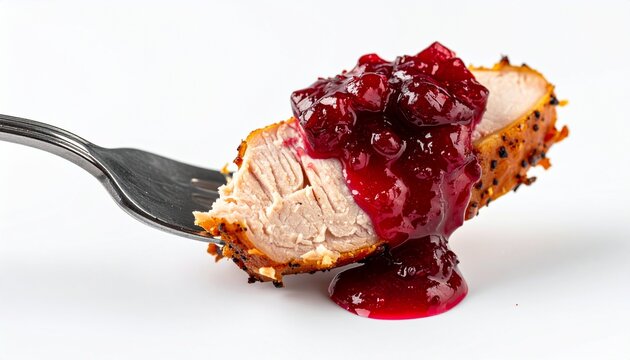 A succulent bite of roasted poultry meat garnished with sweet cranberry sauce on a silver fork, isolated