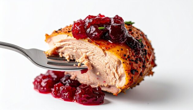 Roasted Turkey Breast Morsel with Cranberry Sauce Served on a Silver Fork Isolated on a Clean Minimalist White Background
