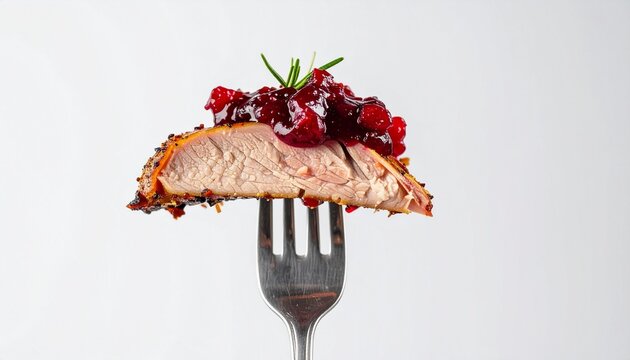 A piece of roasted meat topped with cranberry sauce on a fork against a white background