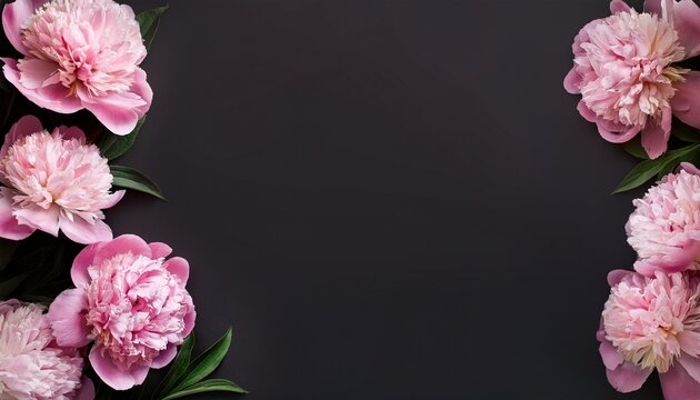 Floral Banner Header With Copy Space Pink Peonies Isolated On Dark Background Natural Flowers Wallpaper Or Greeting Card