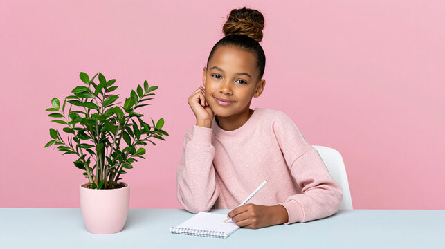 Young girl writing in personal diary at desk with green plant on pink background, representing journaling, childhood memories, thoughts, creativity and self expression