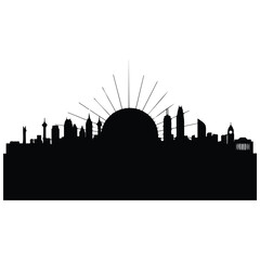 Obraz premium City skyline silhouette with sunrise or sunset vector illustration, urban landscape line art.
