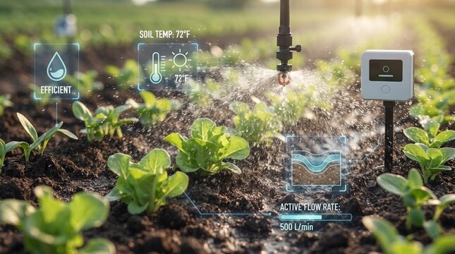 Smart automated irrigation system watering young green vegetable plants in a small garden