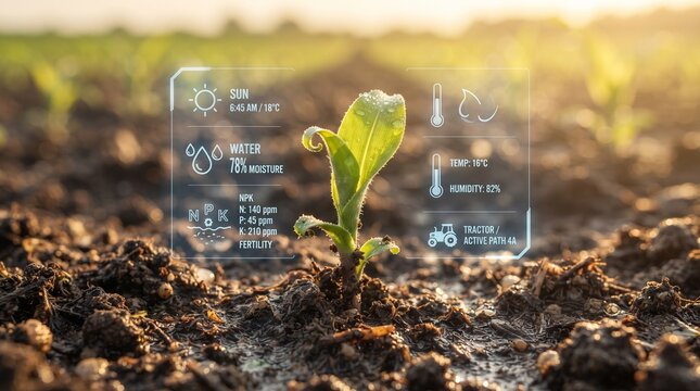 Small green plant seedling growing in soil with digital farm data analytics overlay screen