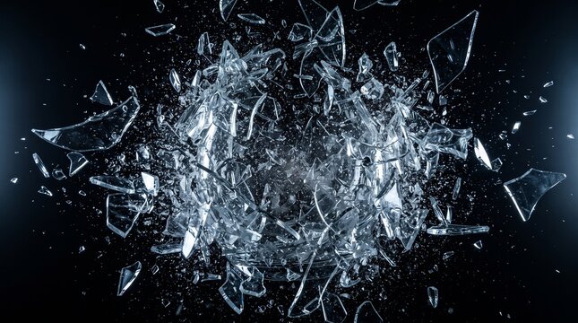 Sharp clear pieces of broken glass exploding into small fragments on a deep black background