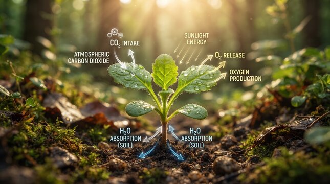 Diagram of photosynthesis process showing how a plant absorbs carbon dioxide and water