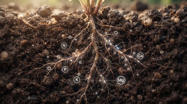 Plant roots growing in dark soil with chemical mineral nutrients and fertilizer symbols