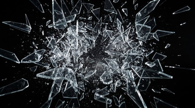 Sharp shards of broken glass exploding into pieces against a dark black background texture